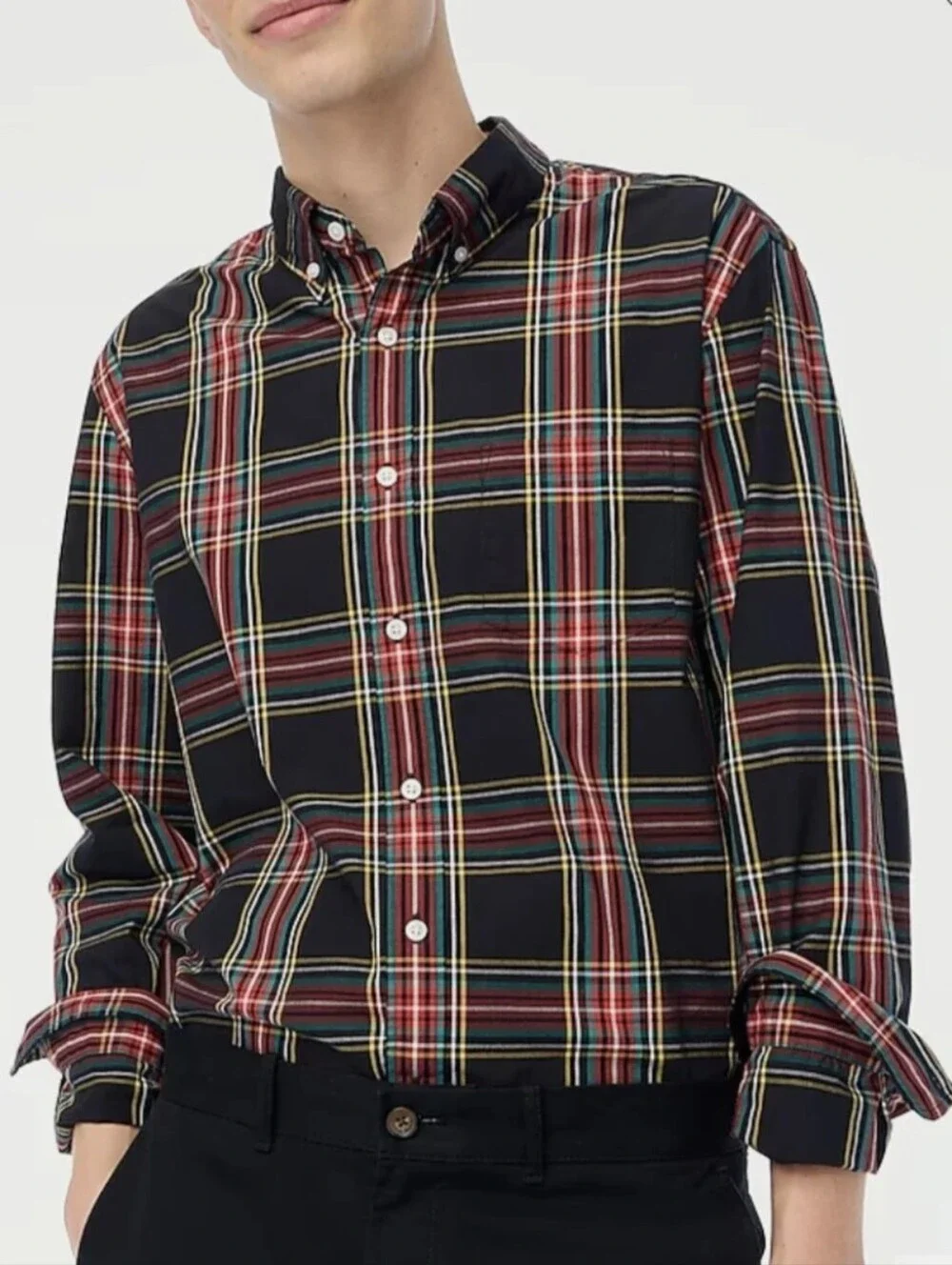 J. Crew Men's Slim Untucked Tartan Black Red Holiday Buttton-Down Shirt, size L